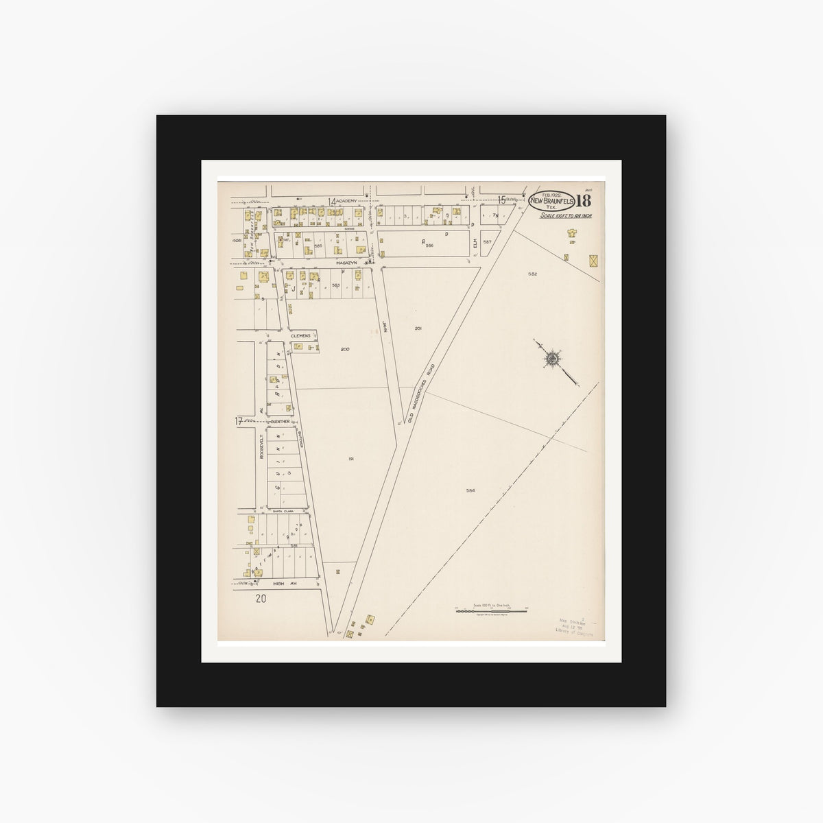 Old map wall art mockup — black gallery frame with white mat — Sanborn Fire Insurance Map from New Braunfels, Comal County, Texas (1922), Sheet #0018