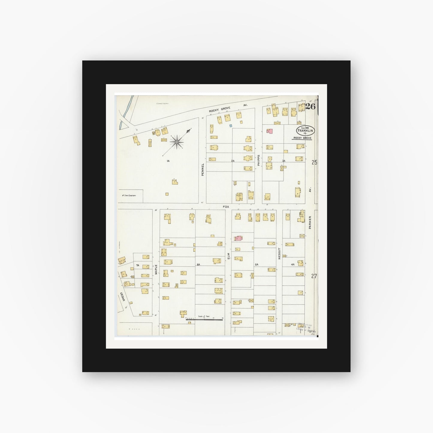 Old map wall art mockup — black gallery frame with white mat — Sanborn Fire Insurance Map from Franklin, Venango County, Pennsylvania (1906), Sheet #0026