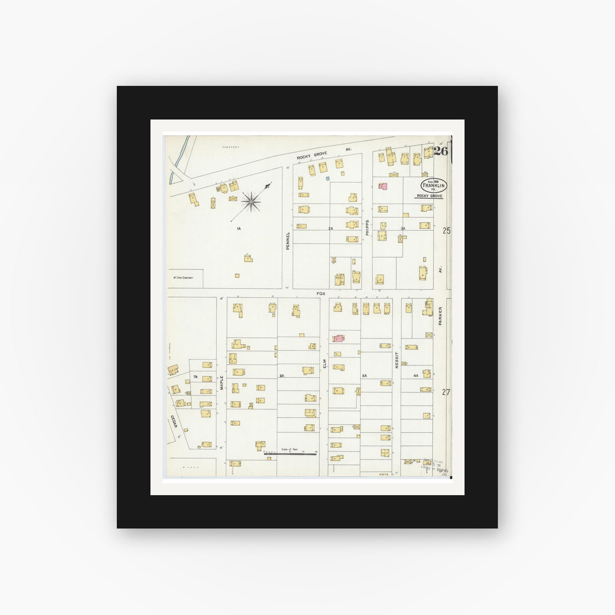Old map wall art mockup — black gallery frame with white mat — Sanborn Fire Insurance Map from Franklin, Venango County, Pennsylvania (1906), Sheet #0026