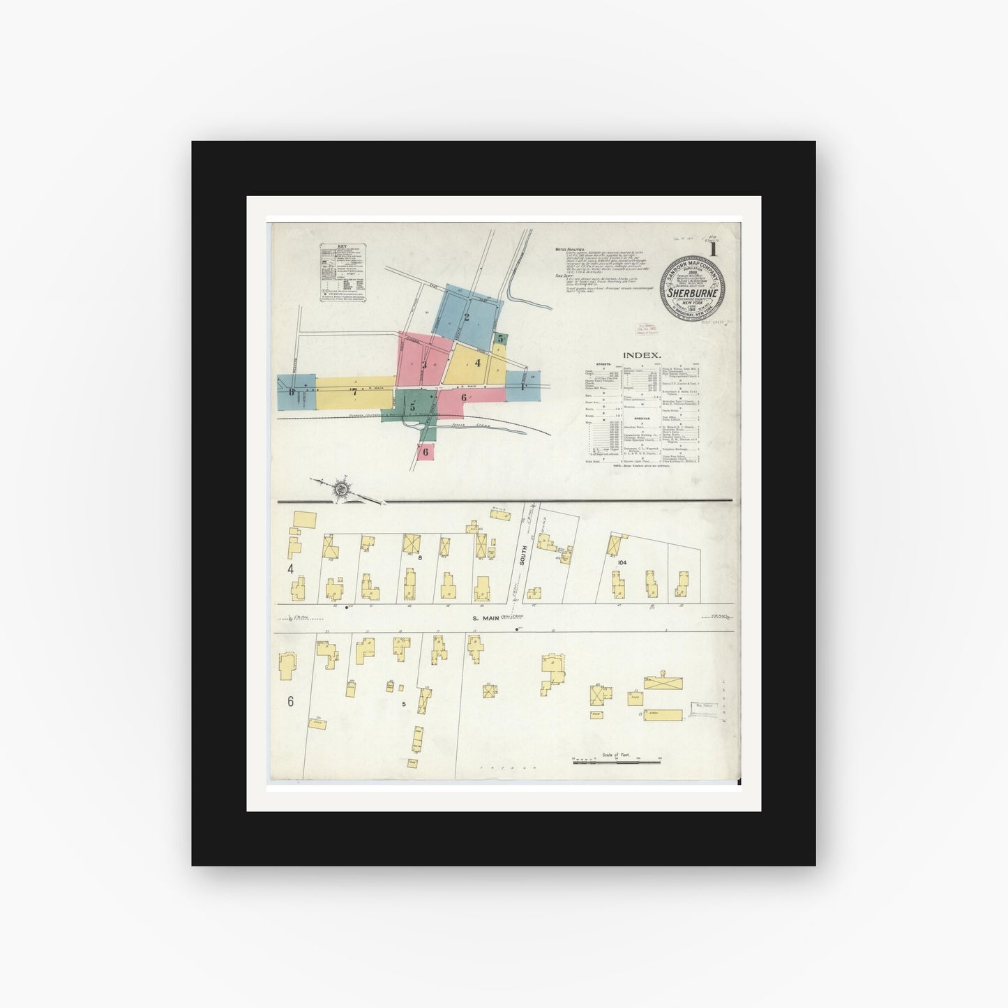 Old map wall art mockup — black gallery frame with white mat — Sanborn Fire Insurance Map from Sherburne, Chenango County, New York (1911), Sheet #0001