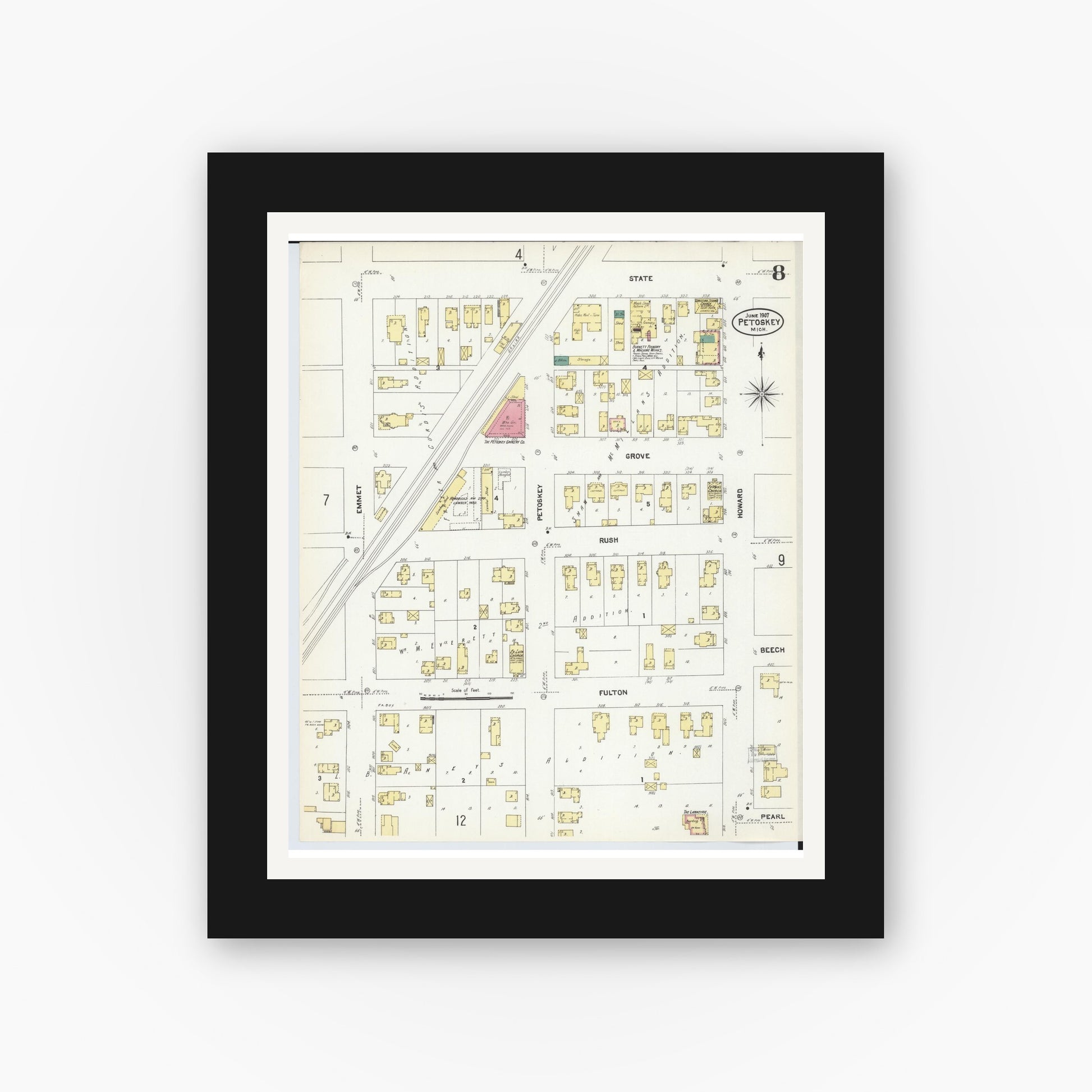 Old map wall art mockup — black gallery frame with white mat — Sanborn Fire Insurance Map from Petoskey, Emmet County, Michigan (1907), Sheet #0008