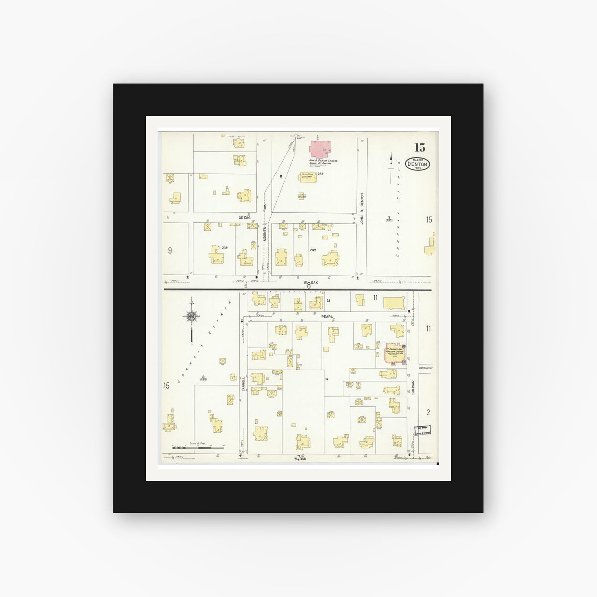Old map wall art mockup — black gallery frame with white mat — Sanborn Fire Insurance Map from Denton, Denton County, Texas (1912), Sheet #0015