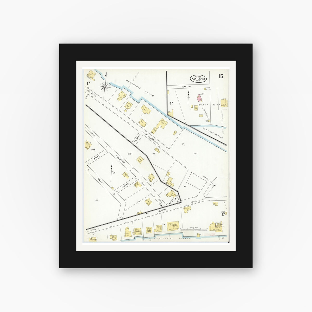 Old map wall art mockup — black gallery frame with white mat — Sanborn Fire Insurance Map from Nantucket, Nantucket County, Massachusetts (1909), Sheet #0017
