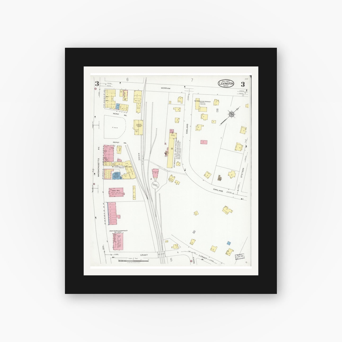 Old map wall art mockup — black gallery frame with white mat — Sanborn Fire Insurance Map from Lexington, Middlesex County, Massachusetts (1927), Sheet #0003