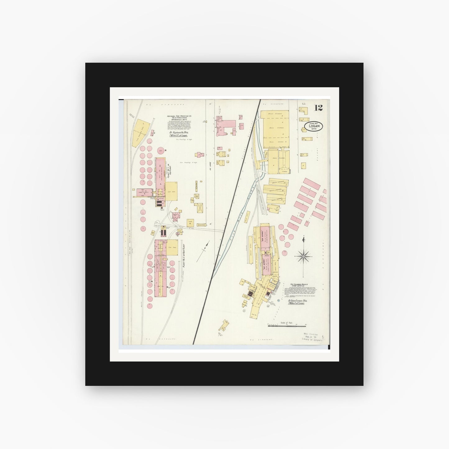 Old map wall art mockup — black gallery frame with white mat — Sanborn Fire Insurance Map from Logan, Hocking County, Ohio (1907), Sheet #0012