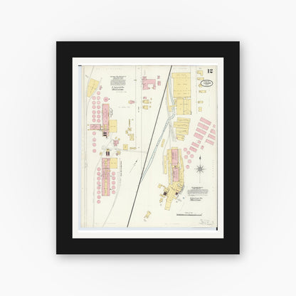Old map wall art mockup — black gallery frame with white mat — Sanborn Fire Insurance Map from Logan, Hocking County, Ohio (1907), Sheet #0012