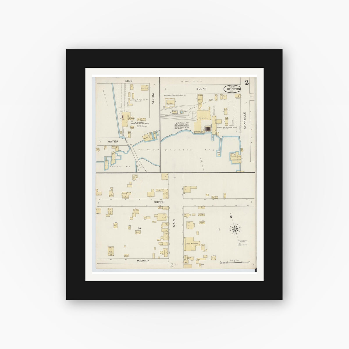 Old map wall art mockup — black gallery frame with white mat — Sanborn Fire Insurance Map from Edenton, Chowan County, North Carolina (1893), Sheet #0002