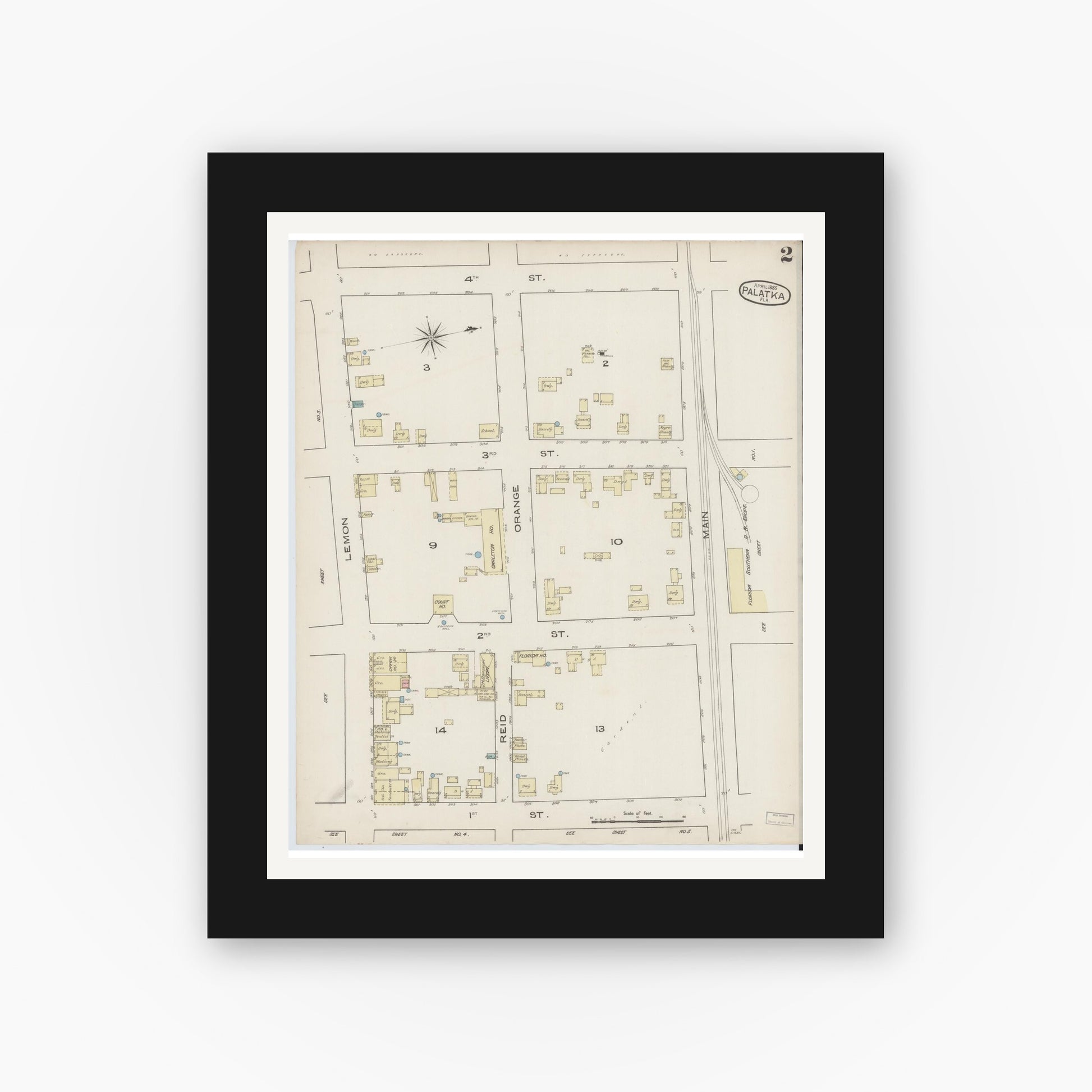 Old map wall art mockup — black gallery frame with white mat — Sanborn Fire Insurance Map from Palatka, Putnam County, Florida (1885), Sheet #0002