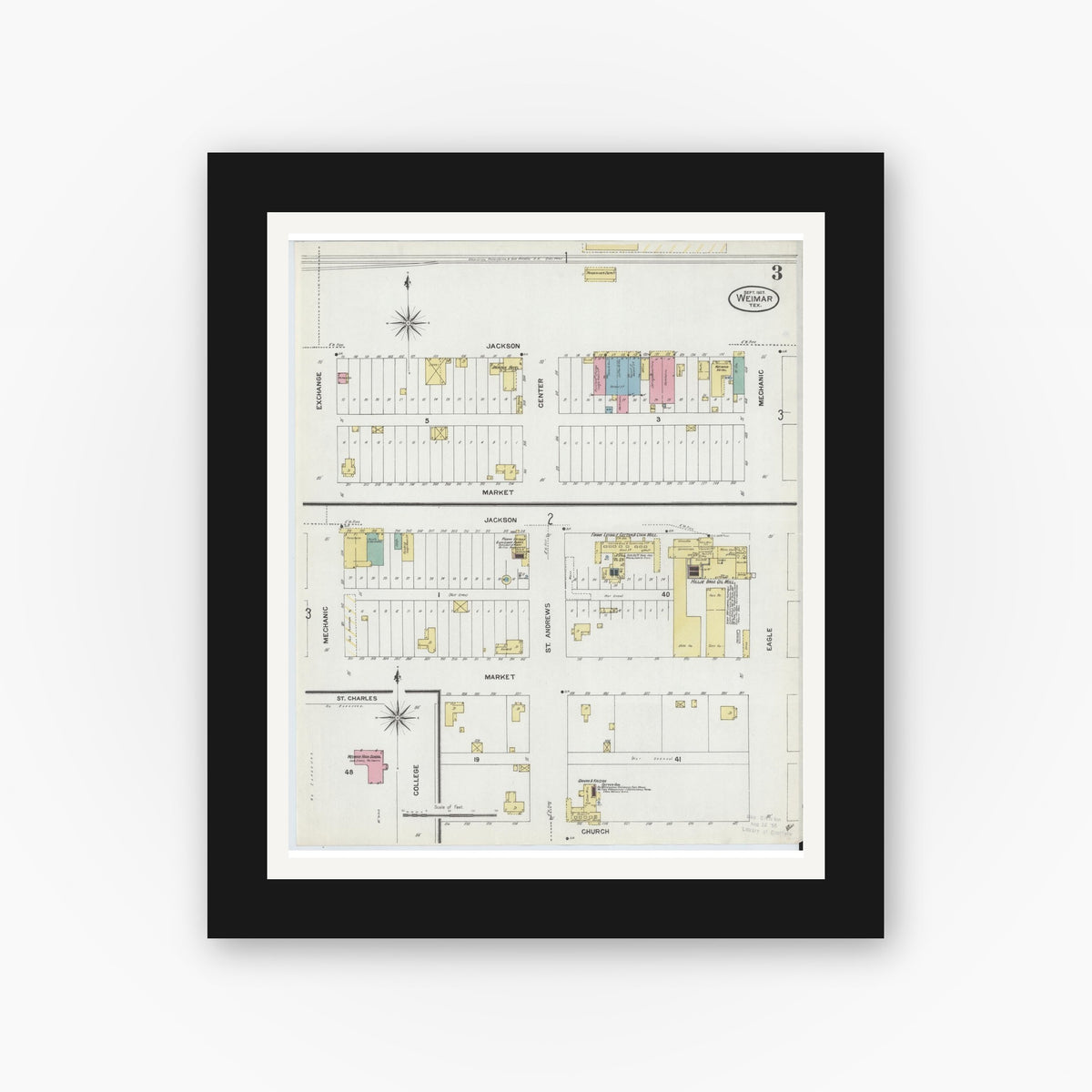 Old map wall art mockup — black gallery frame with white mat — Sanborn Fire Insurance Map from Weimar, Colorado County, Texas (1907), Sheet #0003