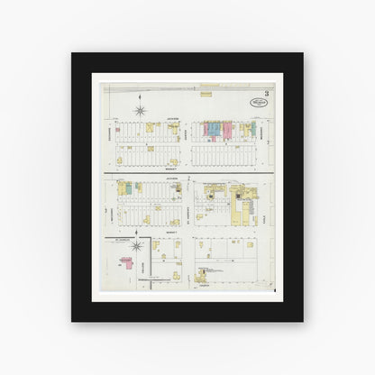 Old map wall art mockup — black gallery frame with white mat — Sanborn Fire Insurance Map from Weimar, Colorado County, Texas (1907), Sheet #0003