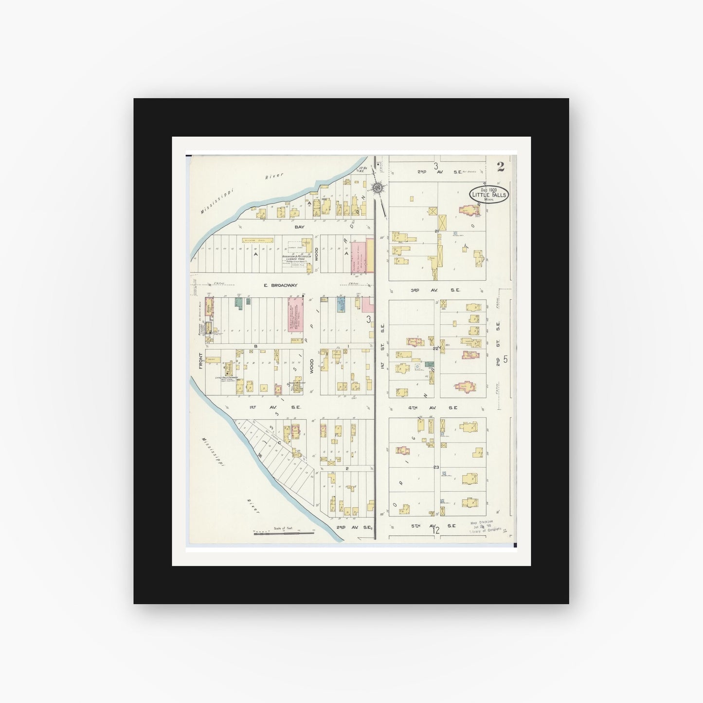 Old map wall art mockup — black gallery frame with white mat — Sanborn Fire Insurance Map from Little Falls, Morrison County, Minnesota (1909), Sheet #0002