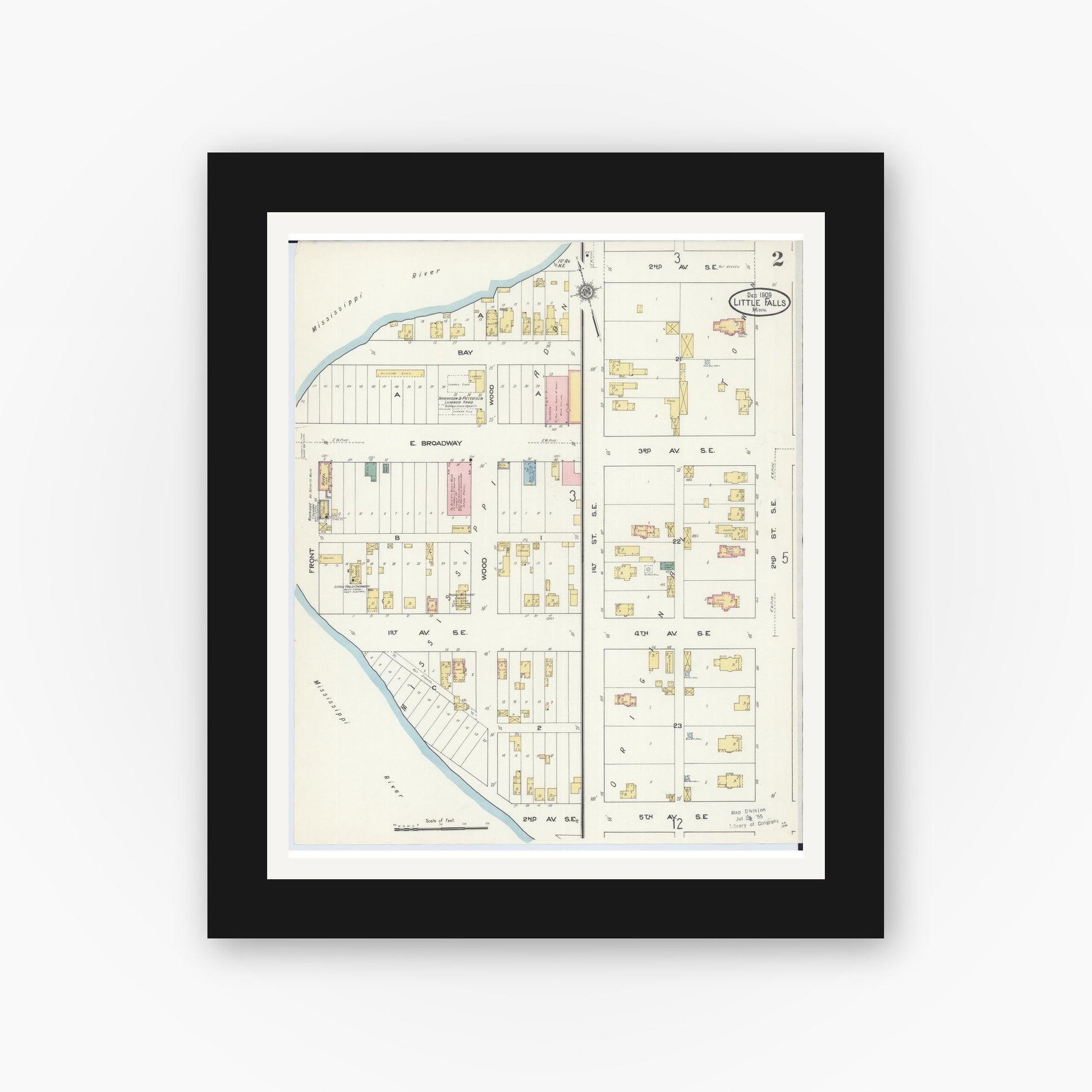 Old map wall art mockup — black gallery frame with white mat — Sanborn Fire Insurance Map from Little Falls, Morrison County, Minnesota (1909), Sheet #0002