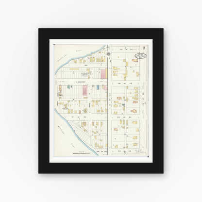 Old map wall art mockup — black gallery frame with white mat — Sanborn Fire Insurance Map from Little Falls, Morrison County, Minnesota (1909), Sheet #0002