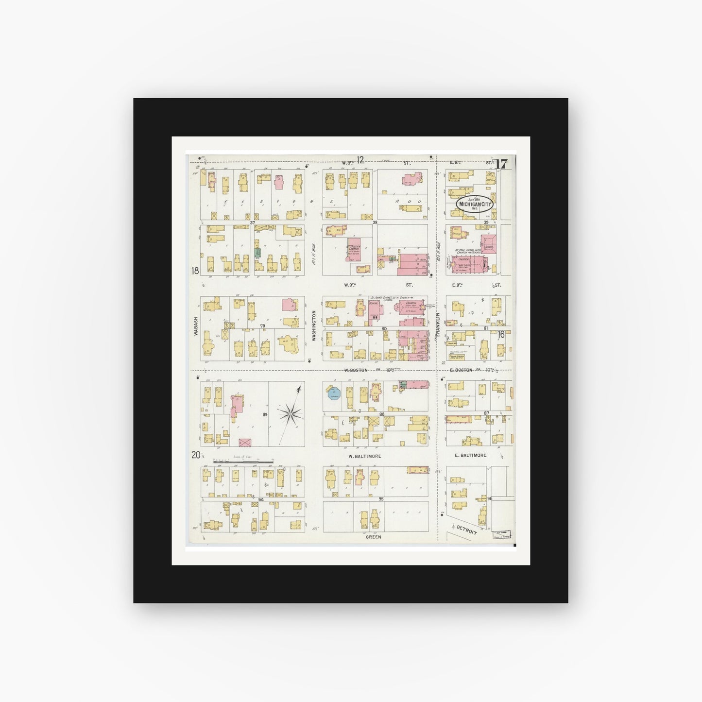 Old map wall art mockup — black gallery frame with white mat — Sanborn Fire Insurance Map from Michigan City, La Porte County, Indiana (1899), Sheet #0017
