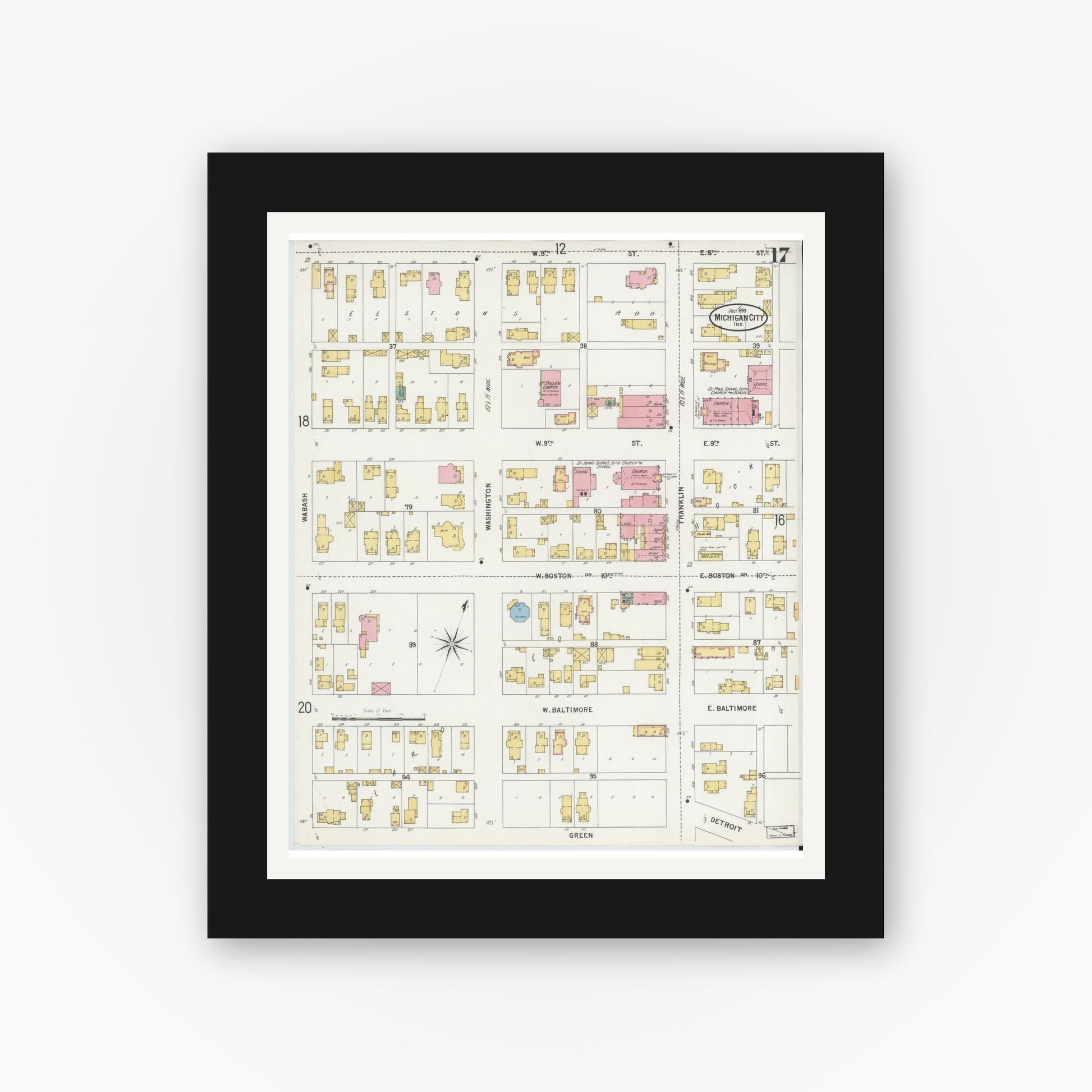 Old map wall art mockup — black gallery frame with white mat — Sanborn Fire Insurance Map from Michigan City, La Porte County, Indiana (1899), Sheet #0017