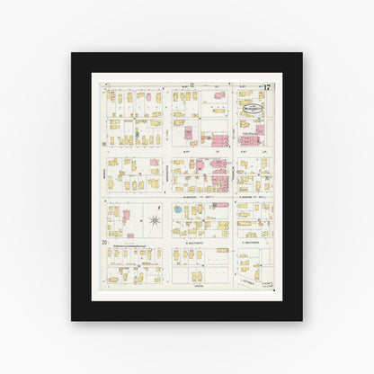 Old map wall art mockup — black gallery frame with white mat — Sanborn Fire Insurance Map from Michigan City, La Porte County, Indiana (1899), Sheet #0017