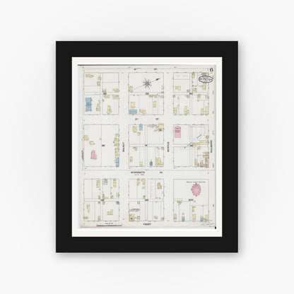 Old map wall art mockup — black gallery frame with white mat — Sanborn Fire Insurance Map from Saint Peter, Nicollet County, Minnesota (1889), Sheet #0006
