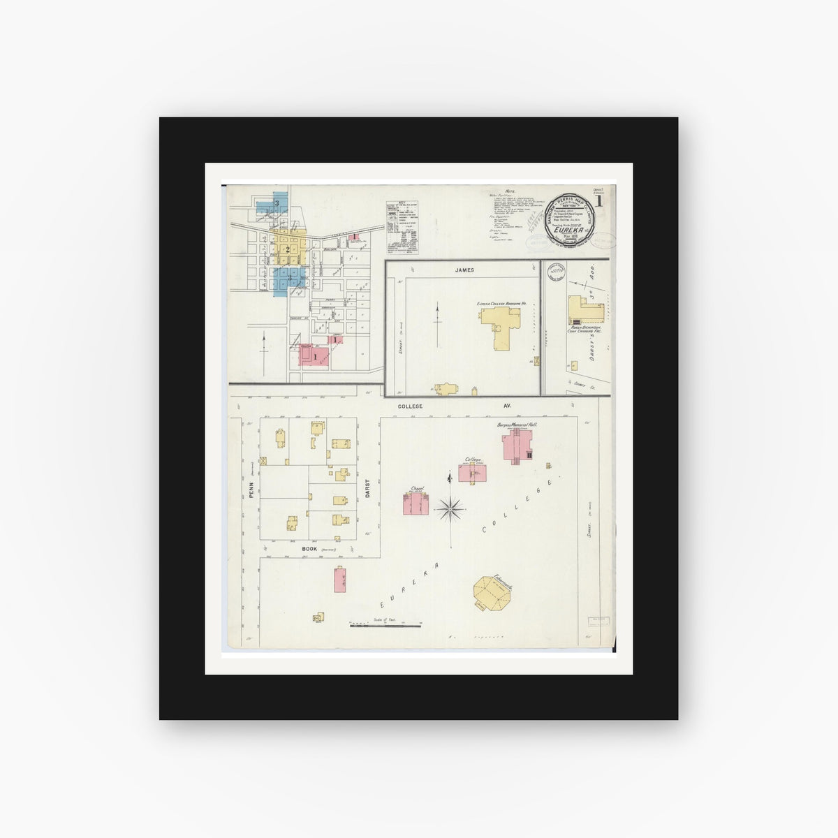 Old map wall art mockup — black gallery frame with white mat — Sanborn Fire Insurance Map from Eureka, Woodford County, Illinois (1898) - Complete Map Set
