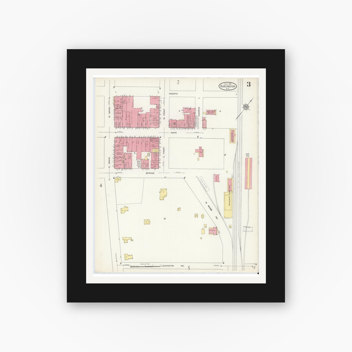 Old map wall art mockup — black gallery frame with white mat — Sanborn Fire Insurance Map from Burlington, Alamance County, North Carolina (1913), Sheet #0003