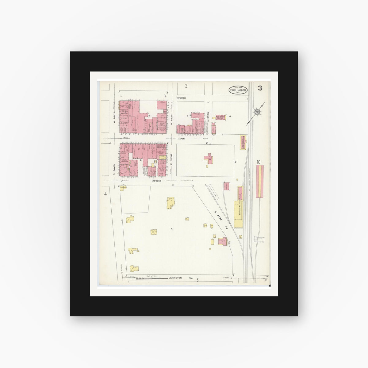 Old map wall art mockup — black gallery frame with white mat — Sanborn Fire Insurance Map from Burlington, Alamance County, North Carolina (1913), Sheet #0003