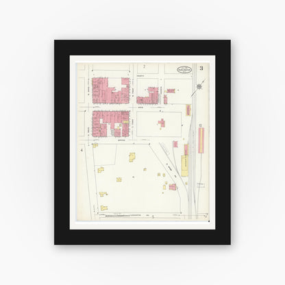 Old map wall art mockup — black gallery frame with white mat — Sanborn Fire Insurance Map from Burlington, Alamance County, North Carolina (1913), Sheet #0003