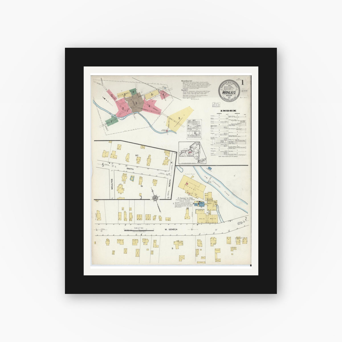 Old map wall art mockup — black gallery frame with white mat — Sanborn Fire Insurance Map from Manlius, Onondaga County, New York (1917) - Complete Map Set