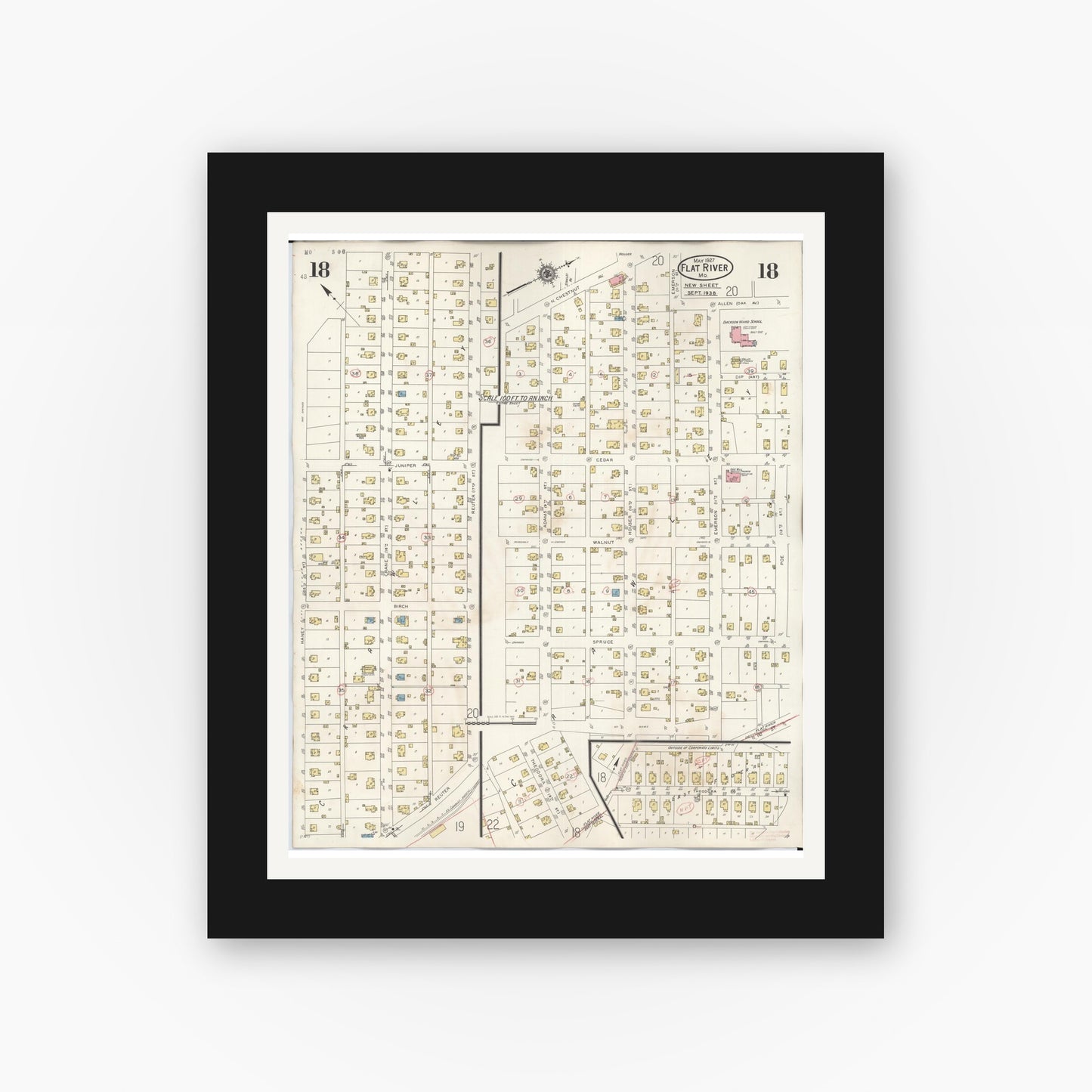 Old map wall art mockup — black gallery frame with white mat — Sanborn Fire Insurance Map from Flat River, Saint Francois County, Missouri (1938), Sheet #0018