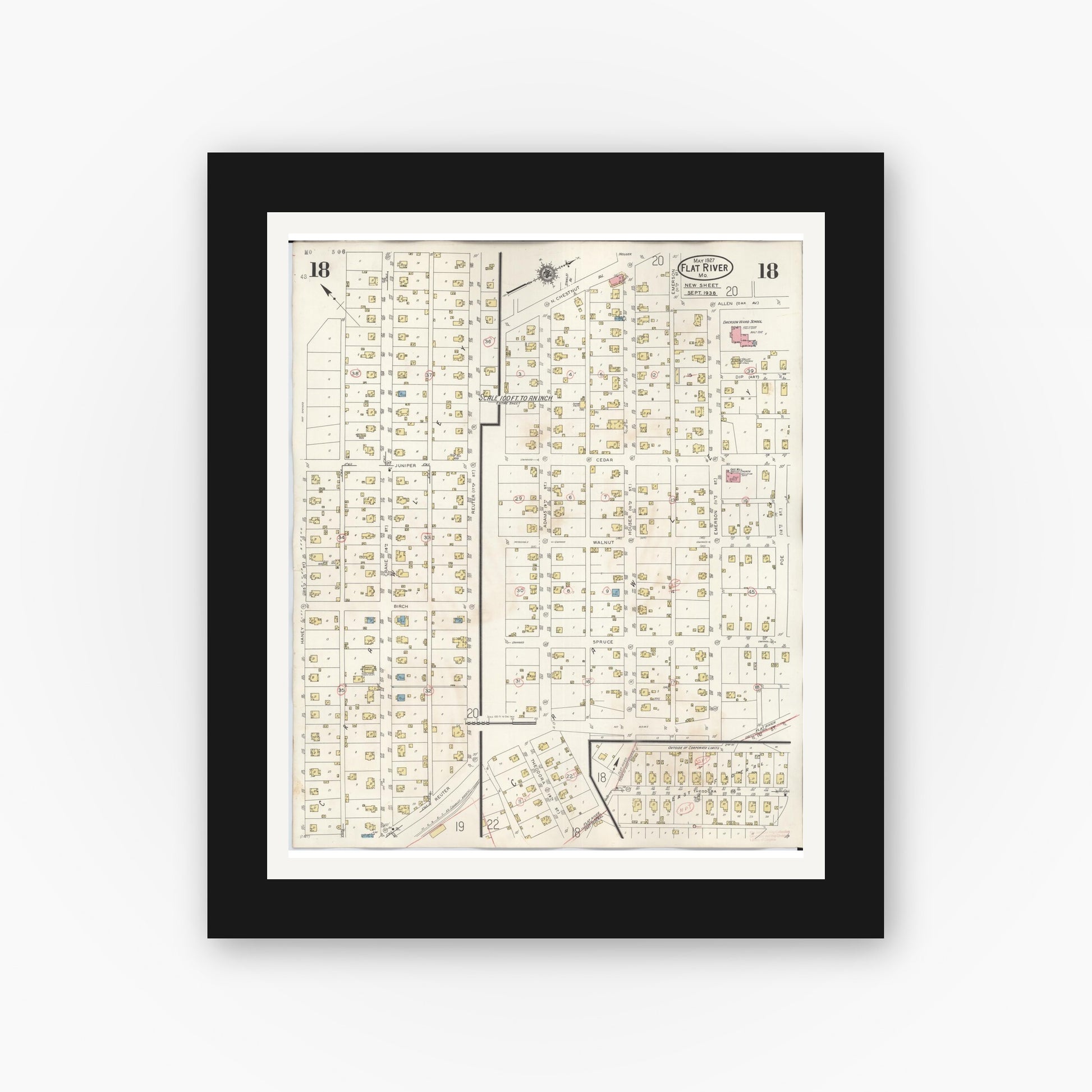 Old map wall art mockup — black gallery frame with white mat — Sanborn Fire Insurance Map from Flat River, Saint Francois County, Missouri (1938), Sheet #0018