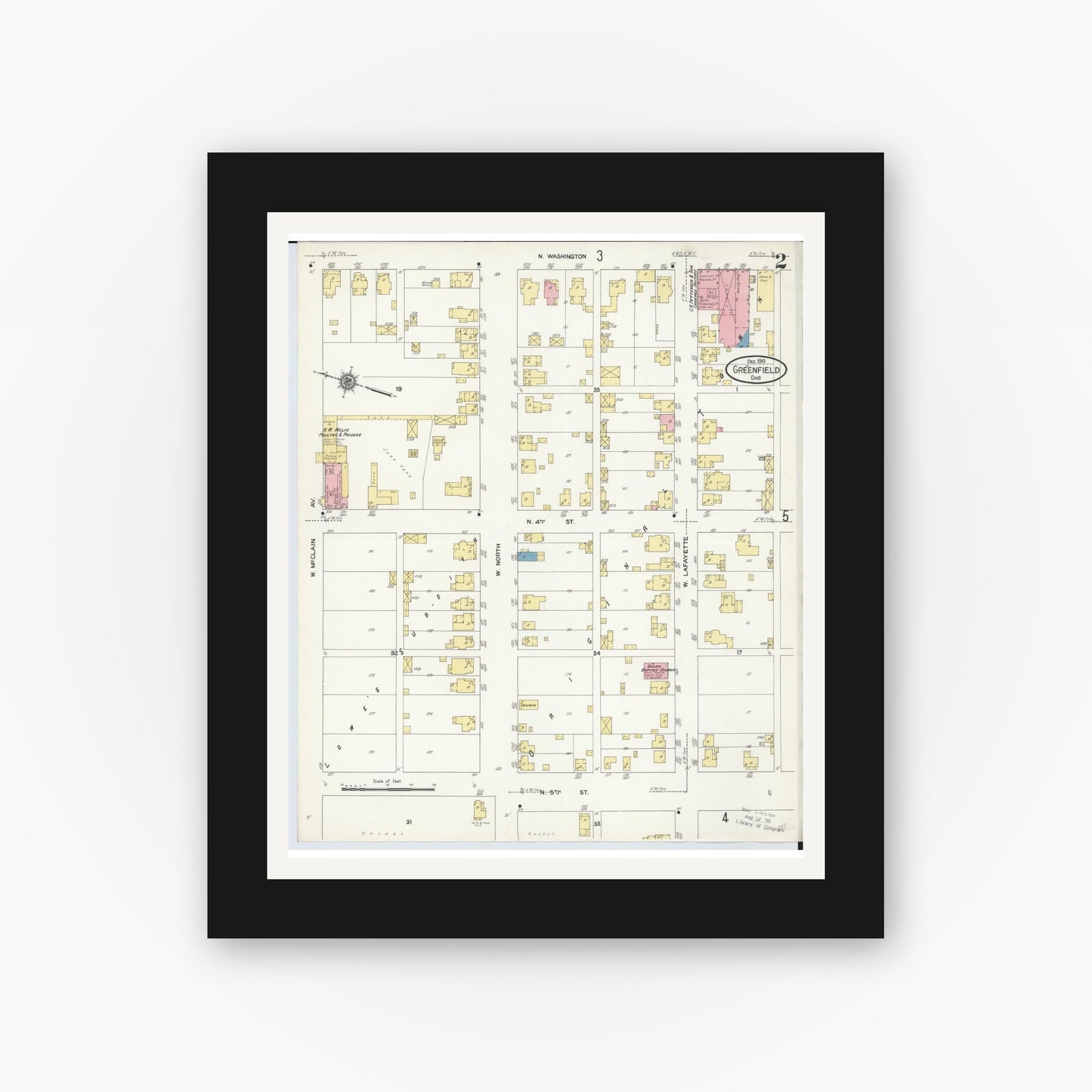 Old map wall art mockup — black gallery frame with white mat — Sanborn Fire Insurance Map from Greenfield, Highland County, Ohio (1910), Sheet #0002
