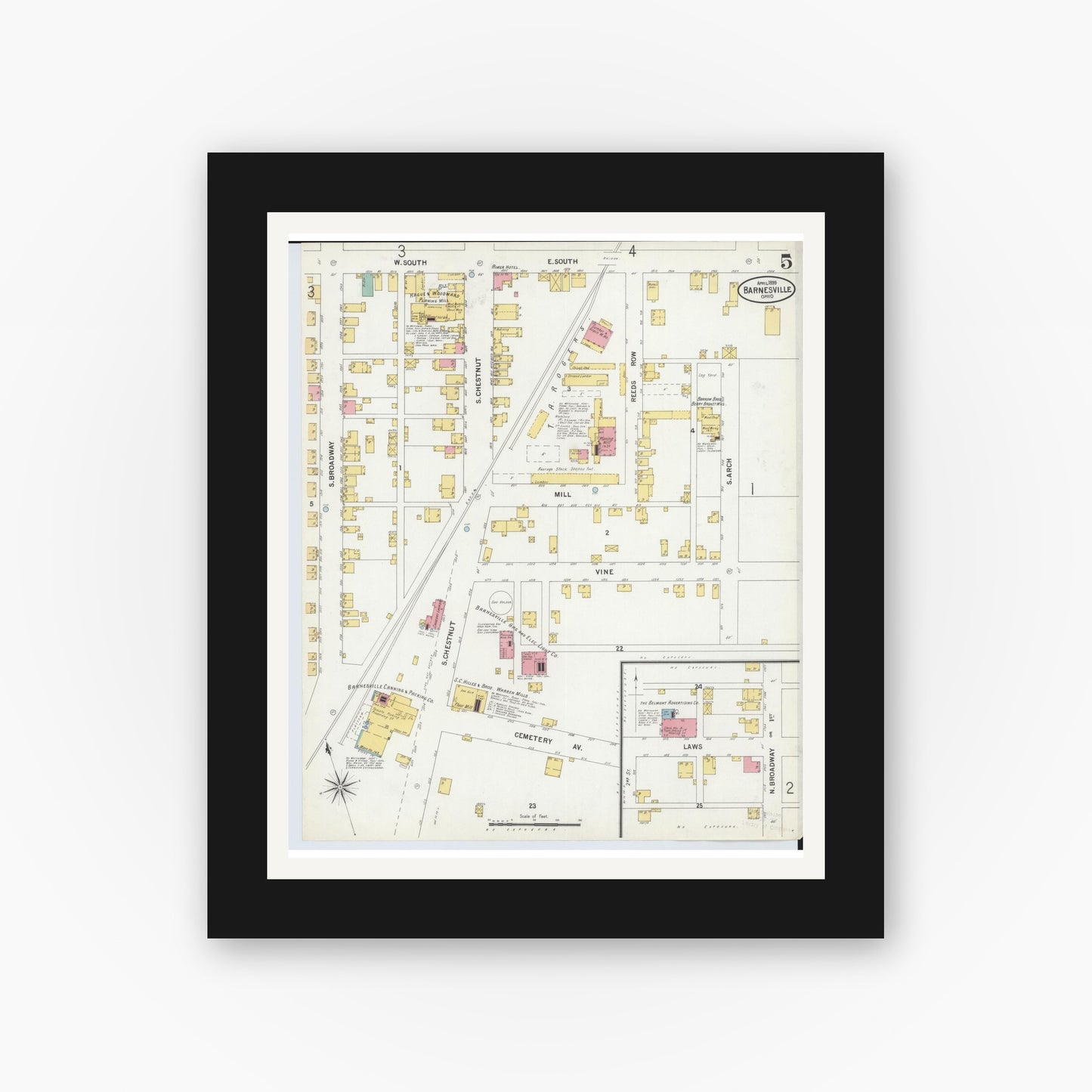 Old map wall art mockup — black gallery frame with white mat — Sanborn Fire Insurance Map from Barnesville, Belmont County, Ohio (1899), Sheet #0005