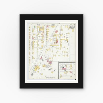Old map wall art mockup — black gallery frame with white mat — Sanborn Fire Insurance Map from Barnesville, Belmont County, Ohio (1899), Sheet #0005