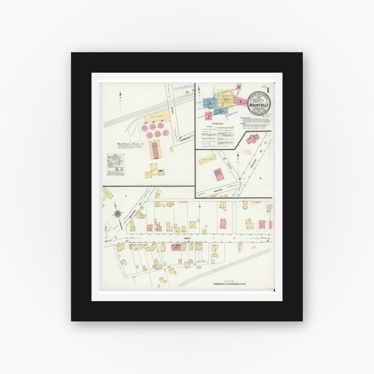 Old map wall art mockup — black gallery frame with white mat — Sanborn Fire Insurance Map from Mountville, Lancaster County, Pennsylvania (1912) - Complete Map Set