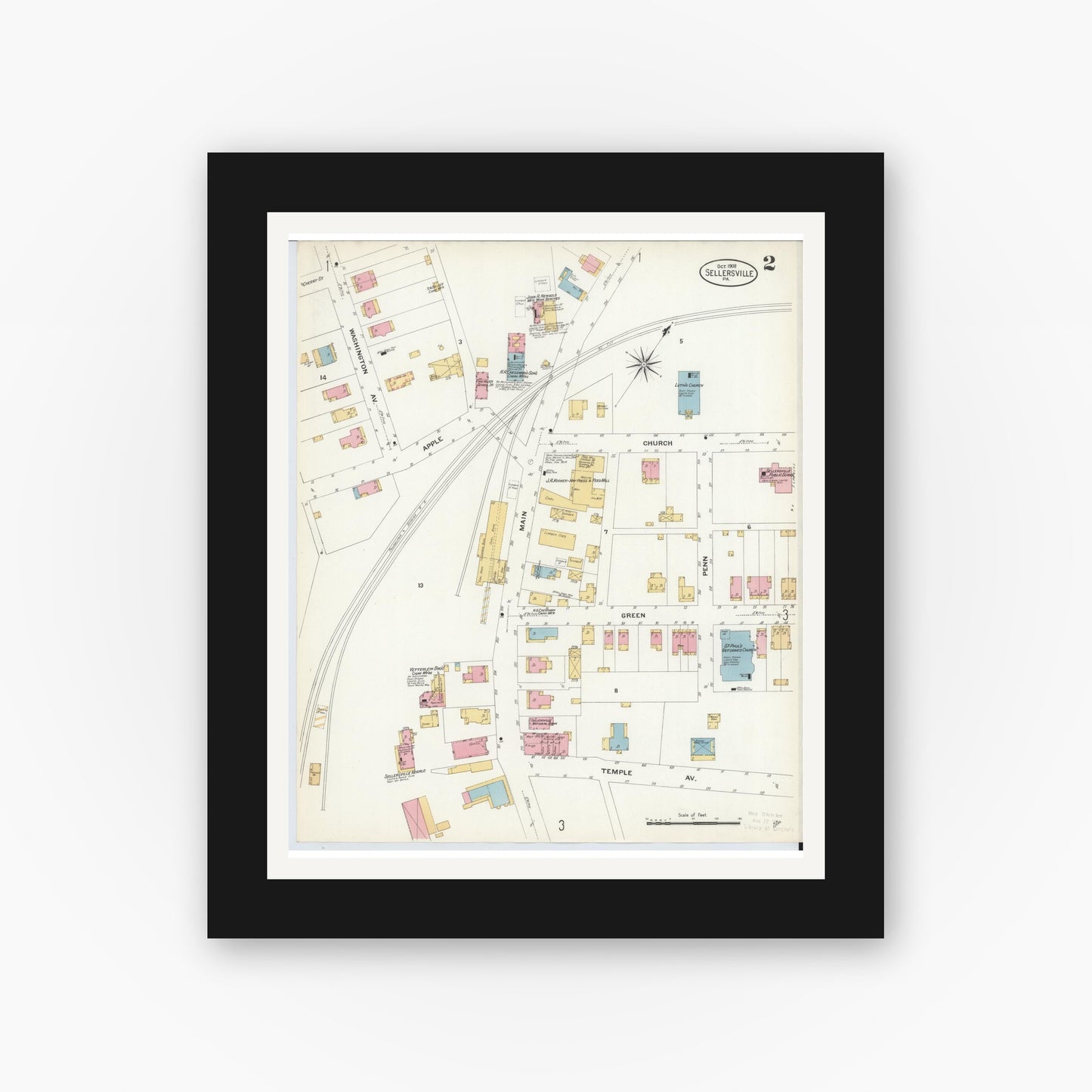 Old map wall art mockup — black gallery frame with white mat — Sanborn Fire Insurance Map from Sellersville, Bucks County, Pennsylvania (1908), Sheet #0002