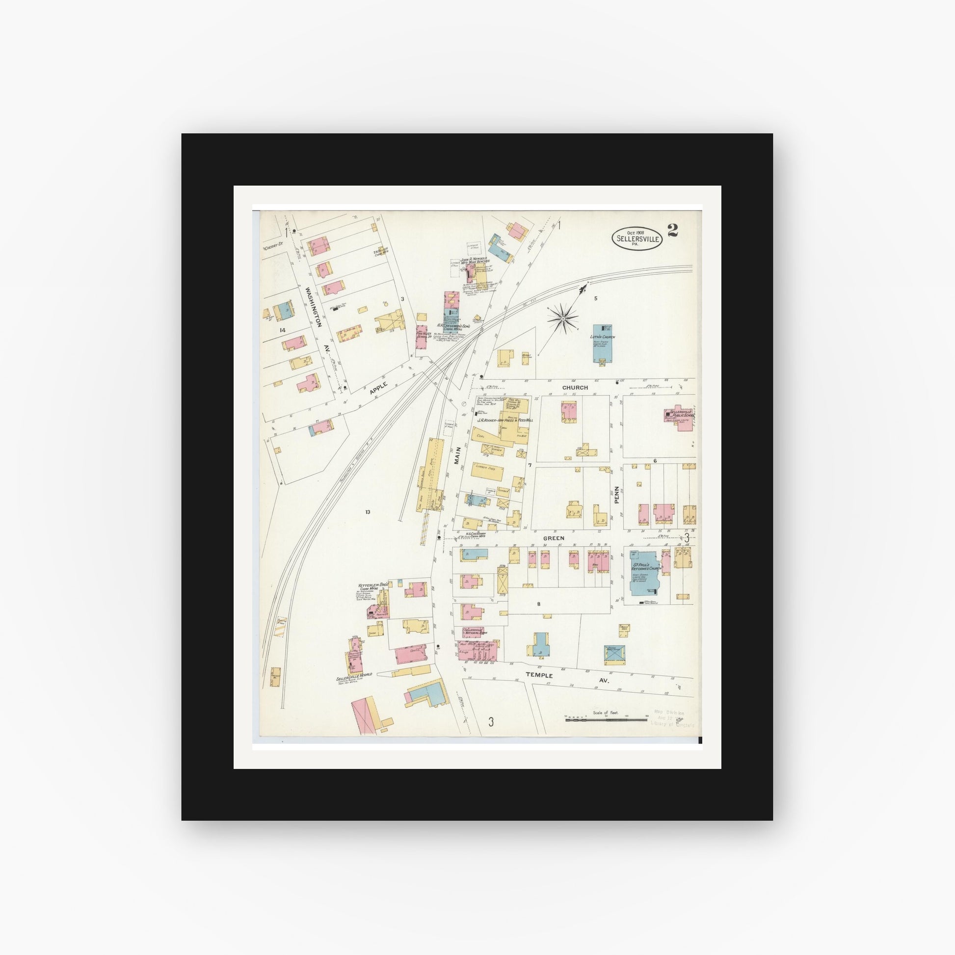 Old map wall art mockup — black gallery frame with white mat — Sanborn Fire Insurance Map from Sellersville, Bucks County, Pennsylvania (1908), Sheet #0002