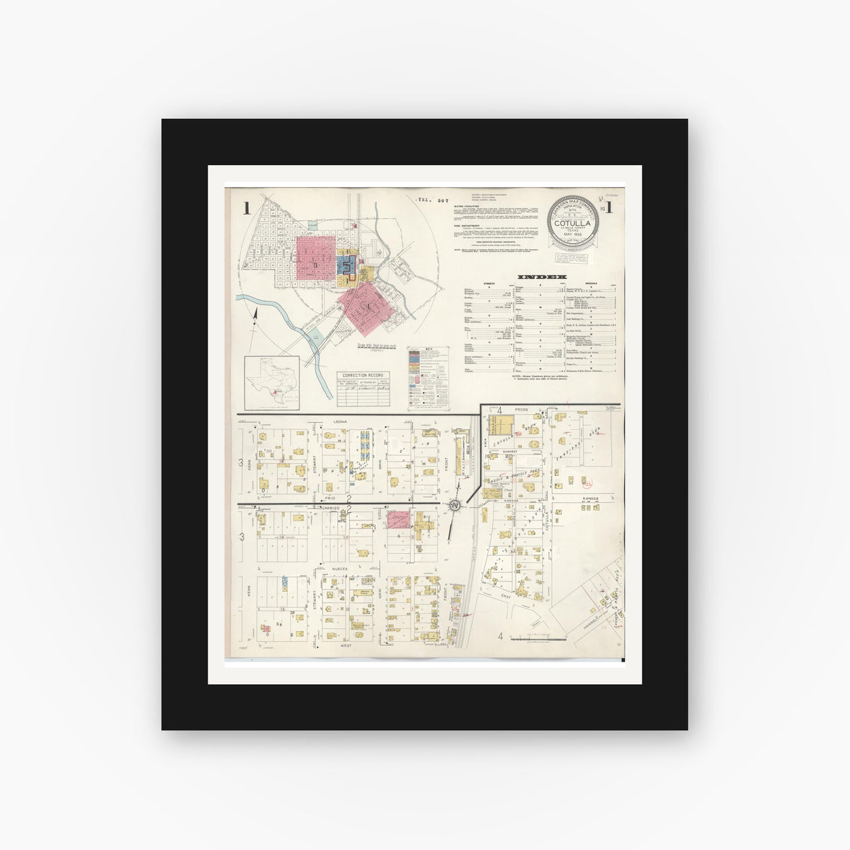 Old map wall art mockup — black gallery frame with white mat — Sanborn Fire Insurance Map from Cotulla, La Salle County, Texas (1948) - Complete Map Set