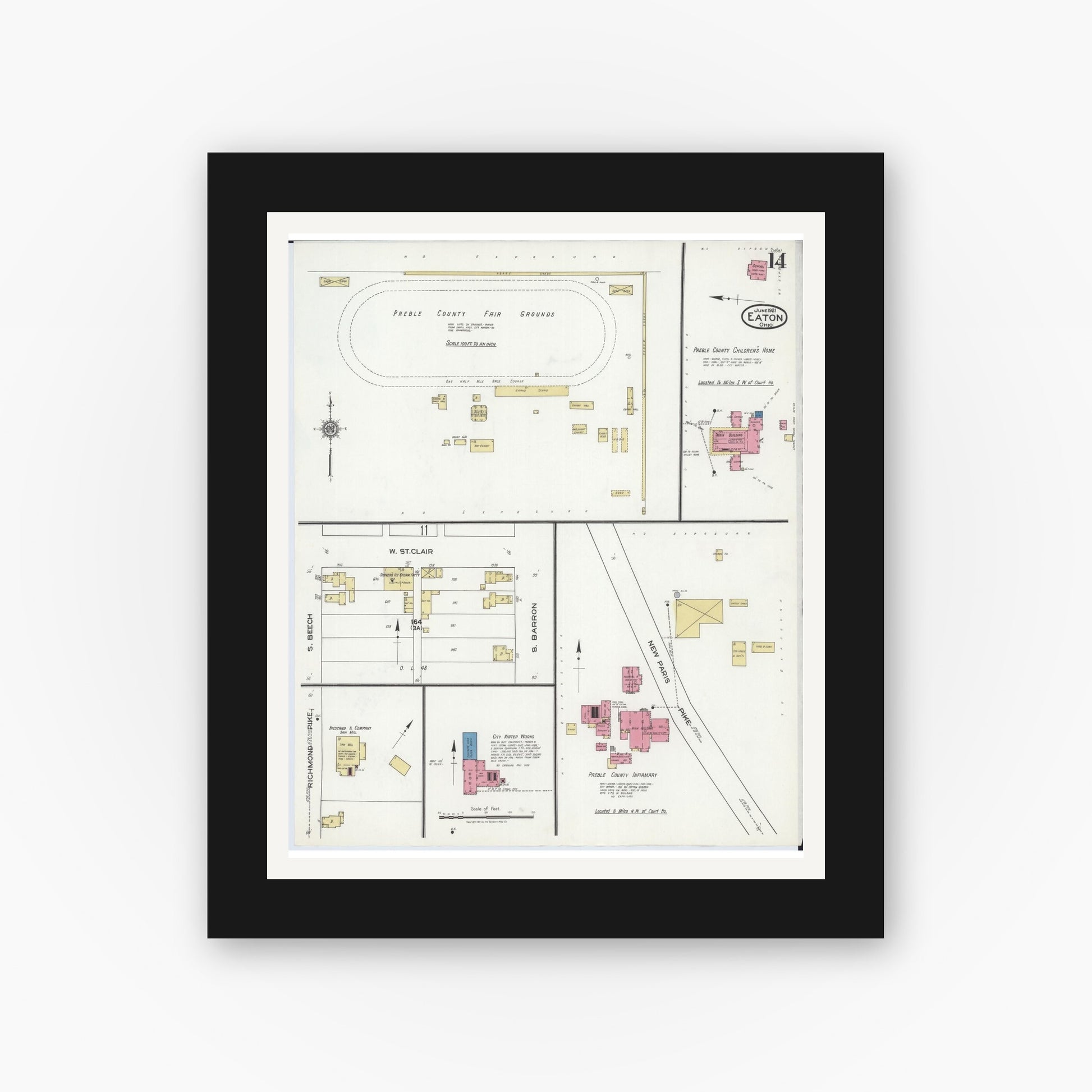 Old map wall art mockup — black gallery frame with white mat — Sanborn Fire Insurance Map from Eaton, Preble County, Ohio (1921), Sheet #0014