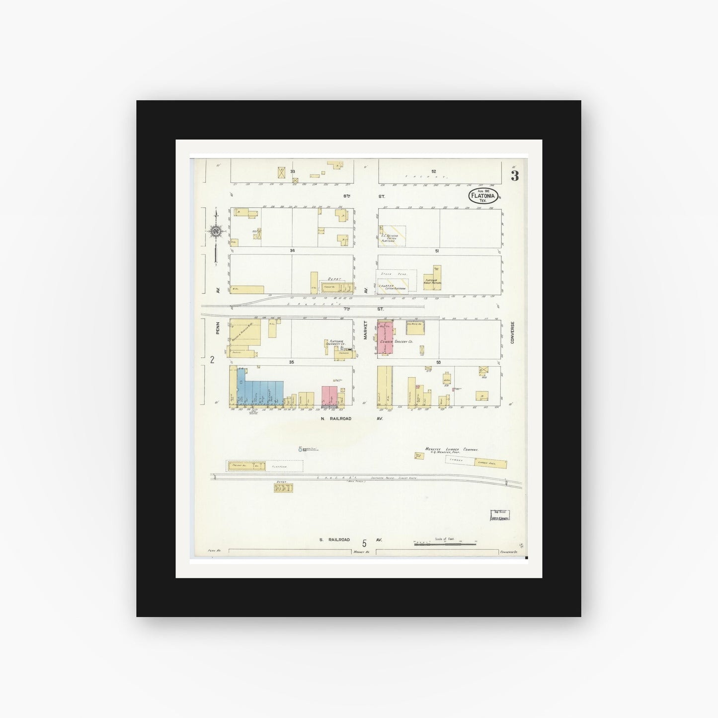 Old map wall art mockup — black gallery frame with white mat — Sanborn Fire Insurance Map from Flatonia, Fayette County, Texas (1912), Sheet #0003