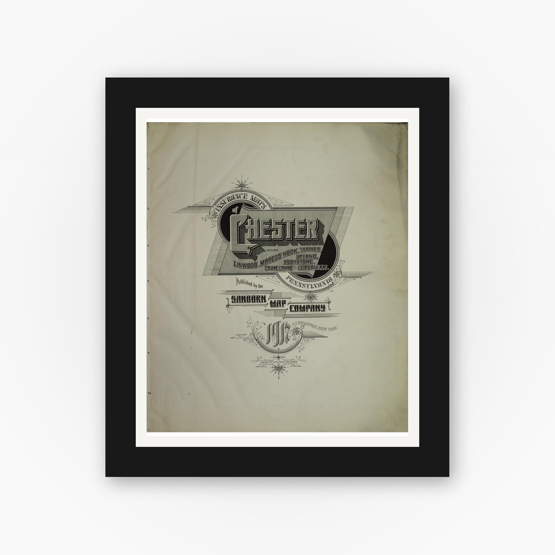 Old map wall art mockup — black gallery frame with white mat — Sanborn Fire Insurance Map from Chester, Delaware County, Pennsylvania (1917), Sheet #0001