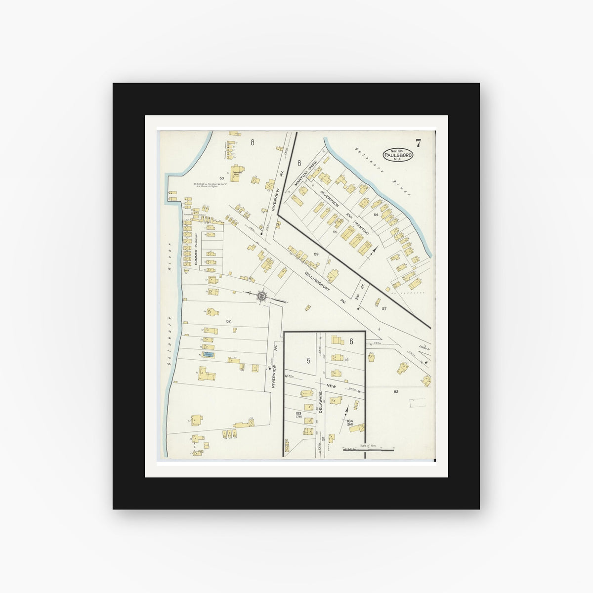 Old map wall art mockup — black gallery frame with white mat — Sanborn Fire Insurance Map from Paulsboro, Gloucester County, New Jersey (1915), Sheet #0007