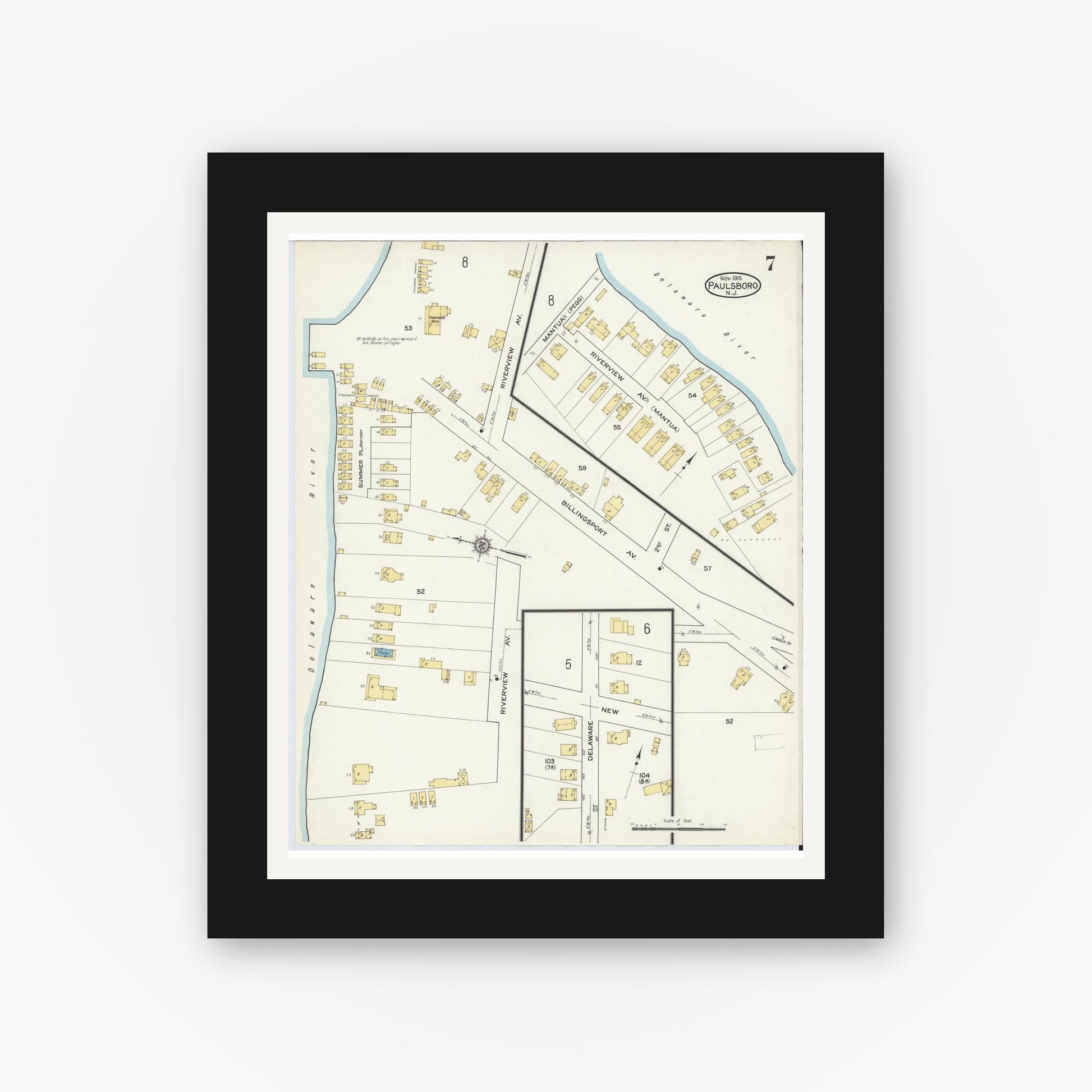 Old map wall art mockup — black gallery frame with white mat — Sanborn Fire Insurance Map from Paulsboro, Gloucester County, New Jersey (1915), Sheet #0007