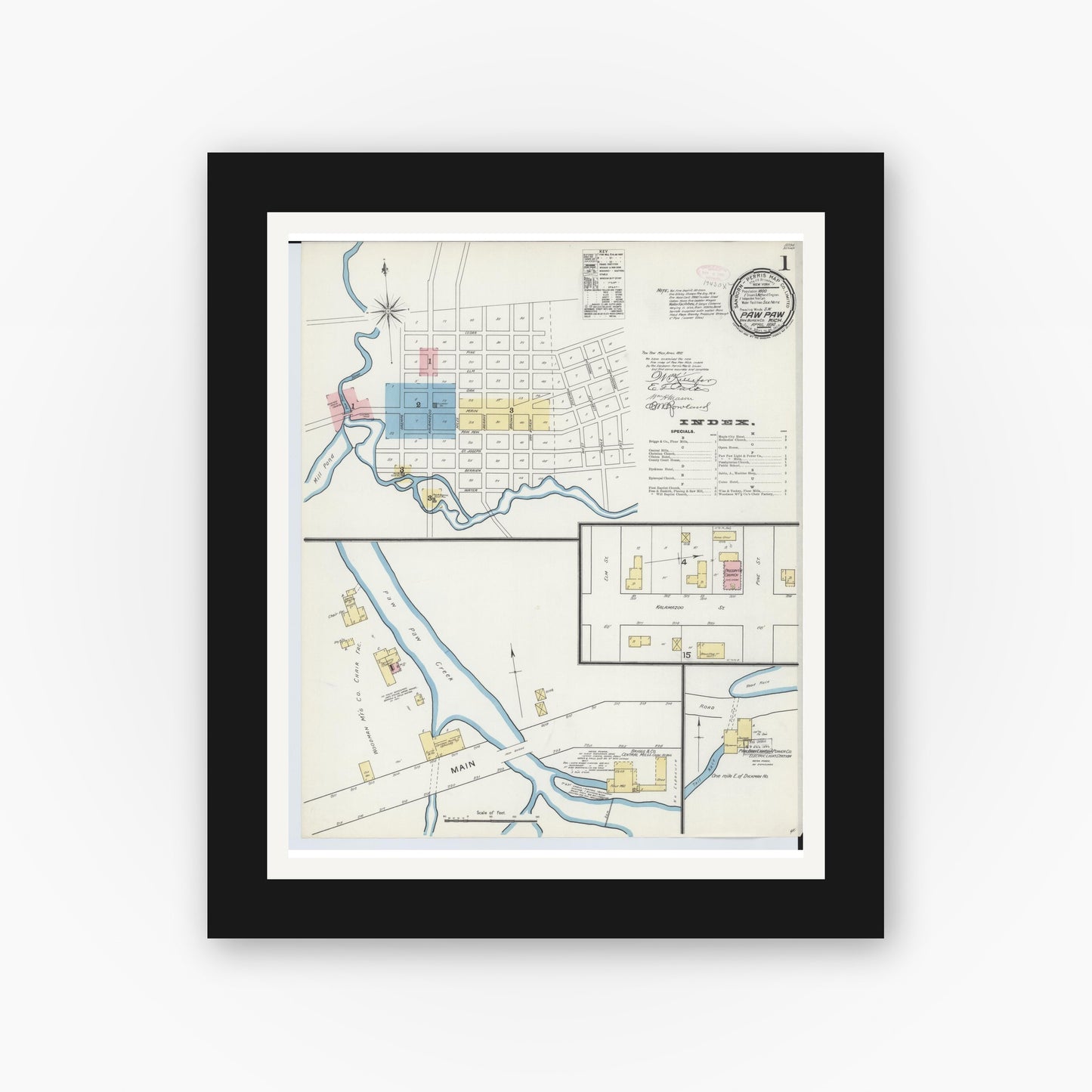 Old map wall art mockup — black gallery frame with white mat — Sanborn Fire Insurance Map from Paw Paw, Van Buren County, Michigan (1892) - Complete Map Set