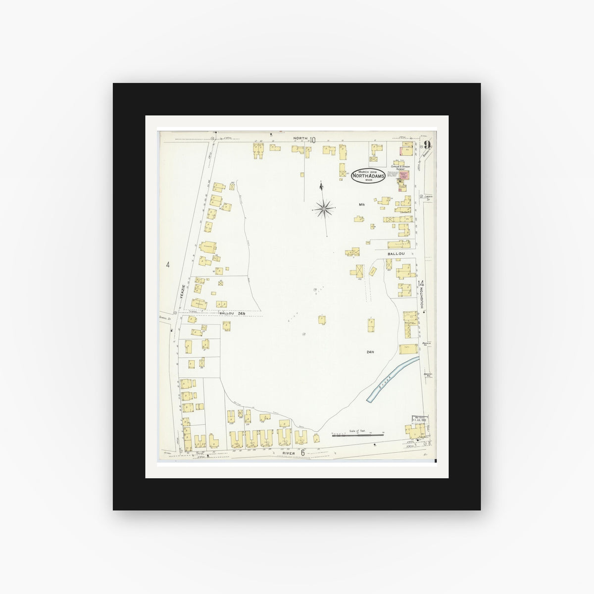 Old map wall art mockup — black gallery frame with white mat — Sanborn Fire Insurance Map from North Adams, Berkshire County, Massachusetts (1908), Sheet #0009
