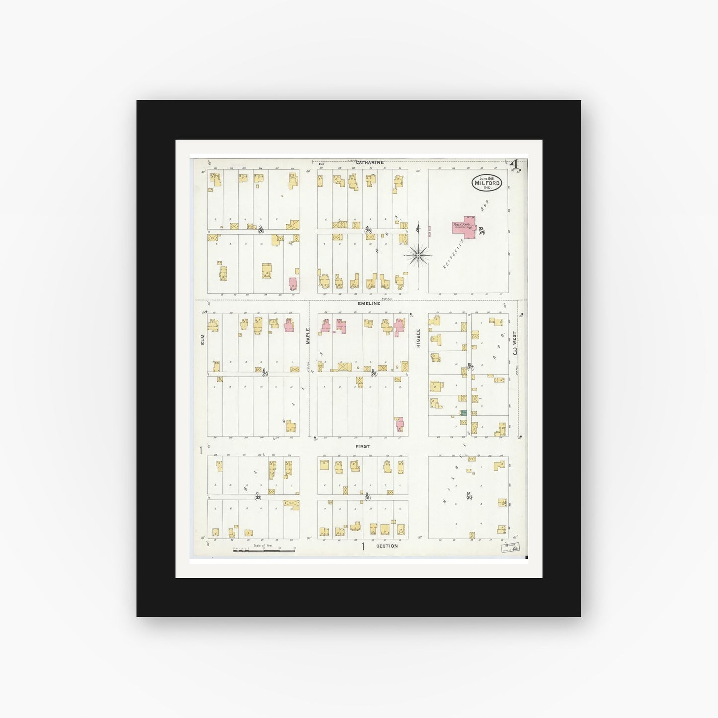 Old map wall art mockup — black gallery frame with white mat — Sanborn Fire Insurance Map from Milford, Kosciusko County, Indiana (1905), Sheet #0004