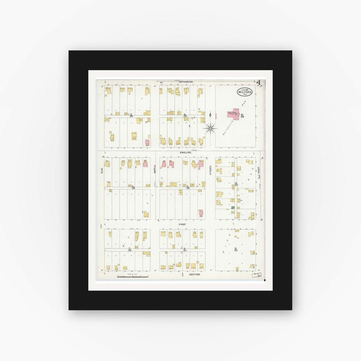 Old map wall art mockup — black gallery frame with white mat — Sanborn Fire Insurance Map from Milford, Kosciusko County, Indiana (1905), Sheet #0004