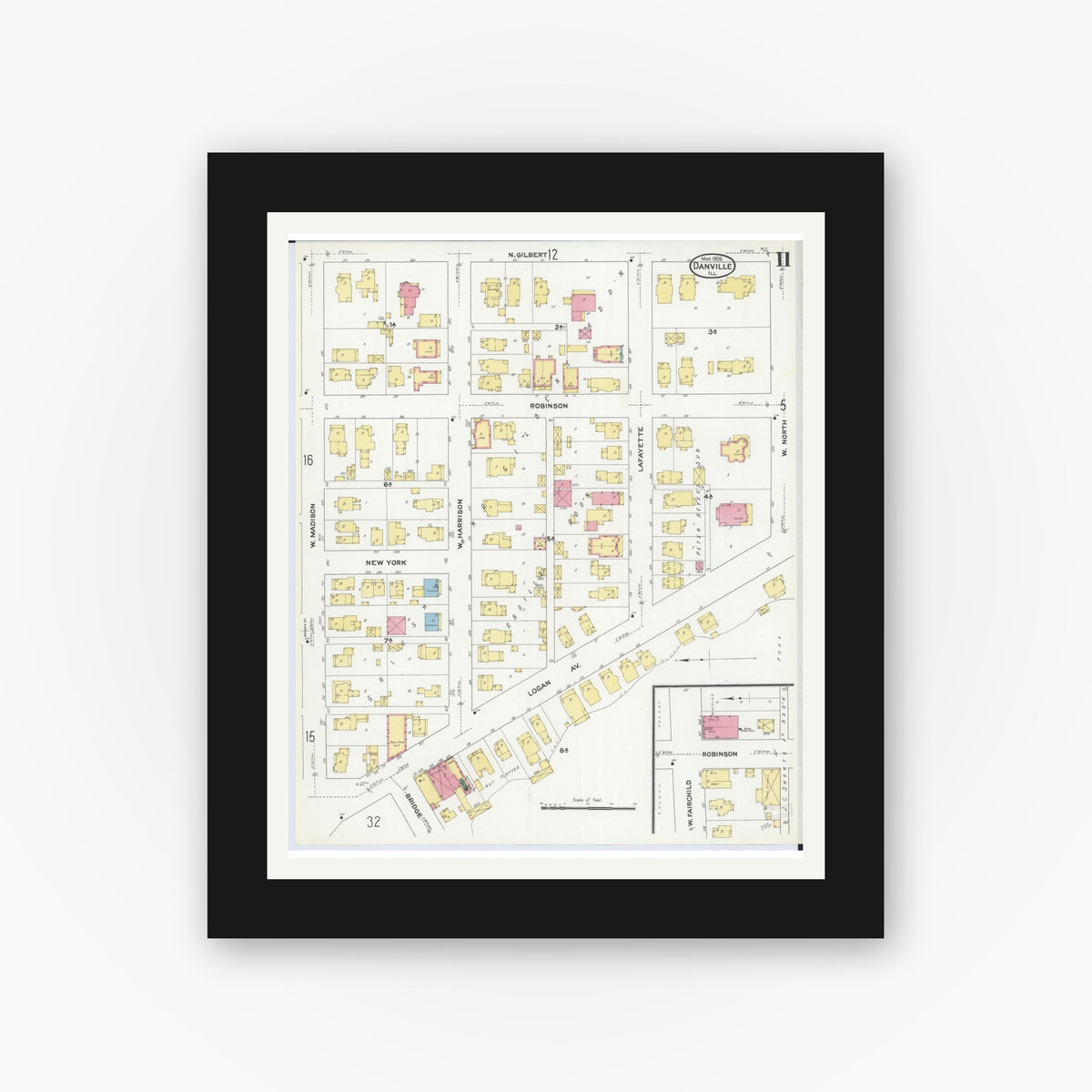 Old map wall art mockup — black gallery frame with white mat — Sanborn Fire Insurance Map from Danville, Vermilion County, Illinois (1909), Sheet #0011
