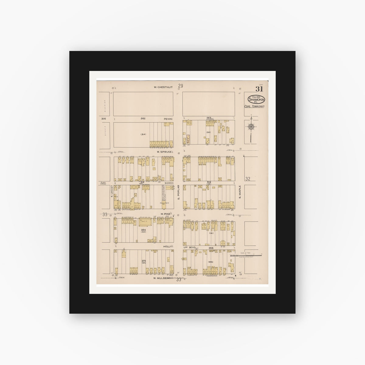 Old map wall art mockup — black gallery frame with white mat — Sanborn Fire Insurance Map from Shamokin, Northumberland County, Pennsylvania (1922), Sheet #0031