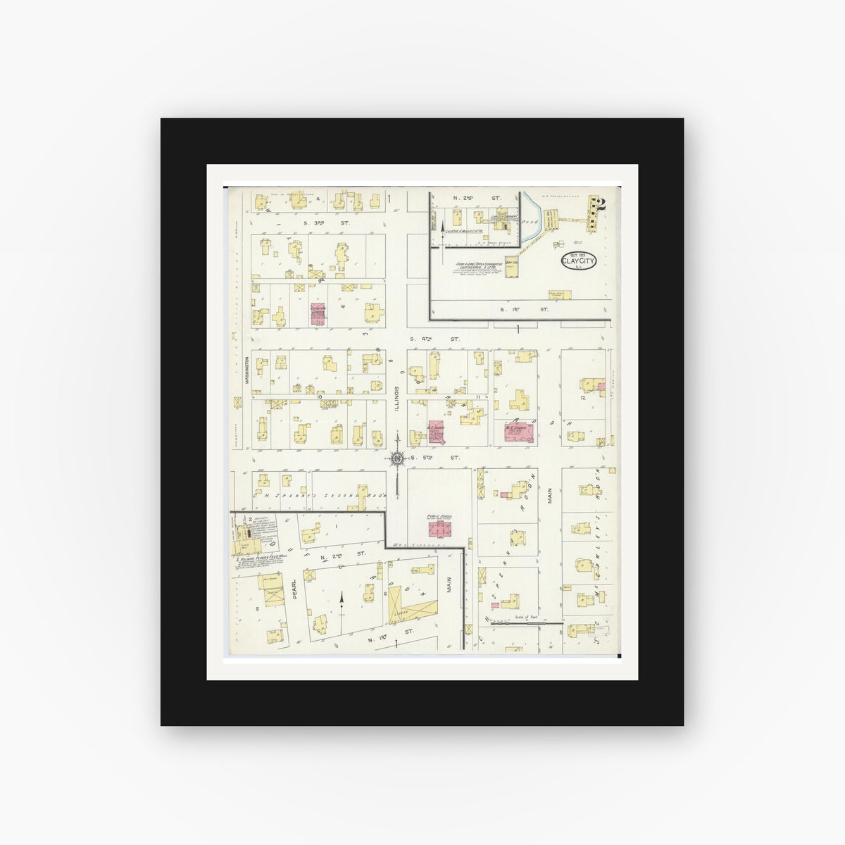 Old map wall art mockup — black gallery frame with white mat — Sanborn Fire Insurance Map from Clay City, Clay County, Illinois (1913), Sheet #0002