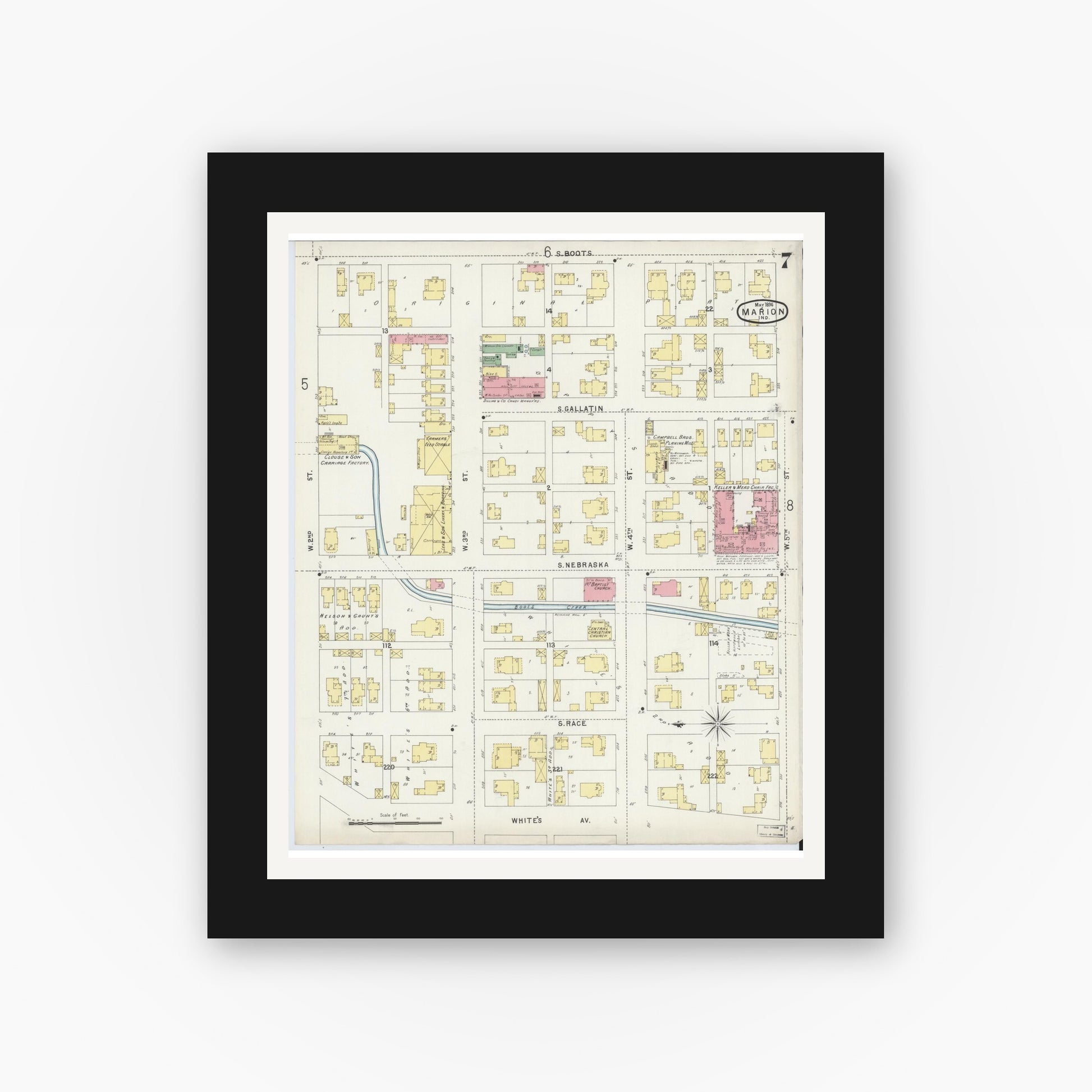 Old map wall art mockup — black gallery frame with white mat — Sanborn Fire Insurance Map from Marion, Grant County, Indiana (1896), Sheet #0007
