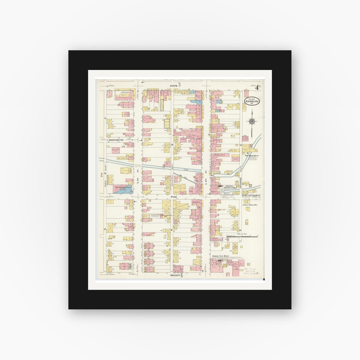 Old map wall art mockup — black gallery frame with white mat — Sanborn Fire Insurance Map from Hamburg, Berks County, Pennsylvania (1910), Sheet #0004