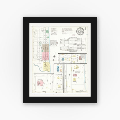 Old map wall art mockup — black gallery frame with white mat — Sanborn Fire Insurance Map from Bellevue, Jackson County, Iowa (1914) â€” Complete Set